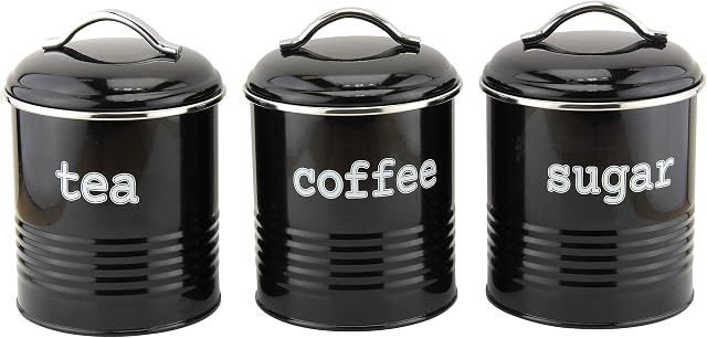 EHC Set of 3 Airtight Tea Sugar and Coffee Storage Canister Jars, Black
