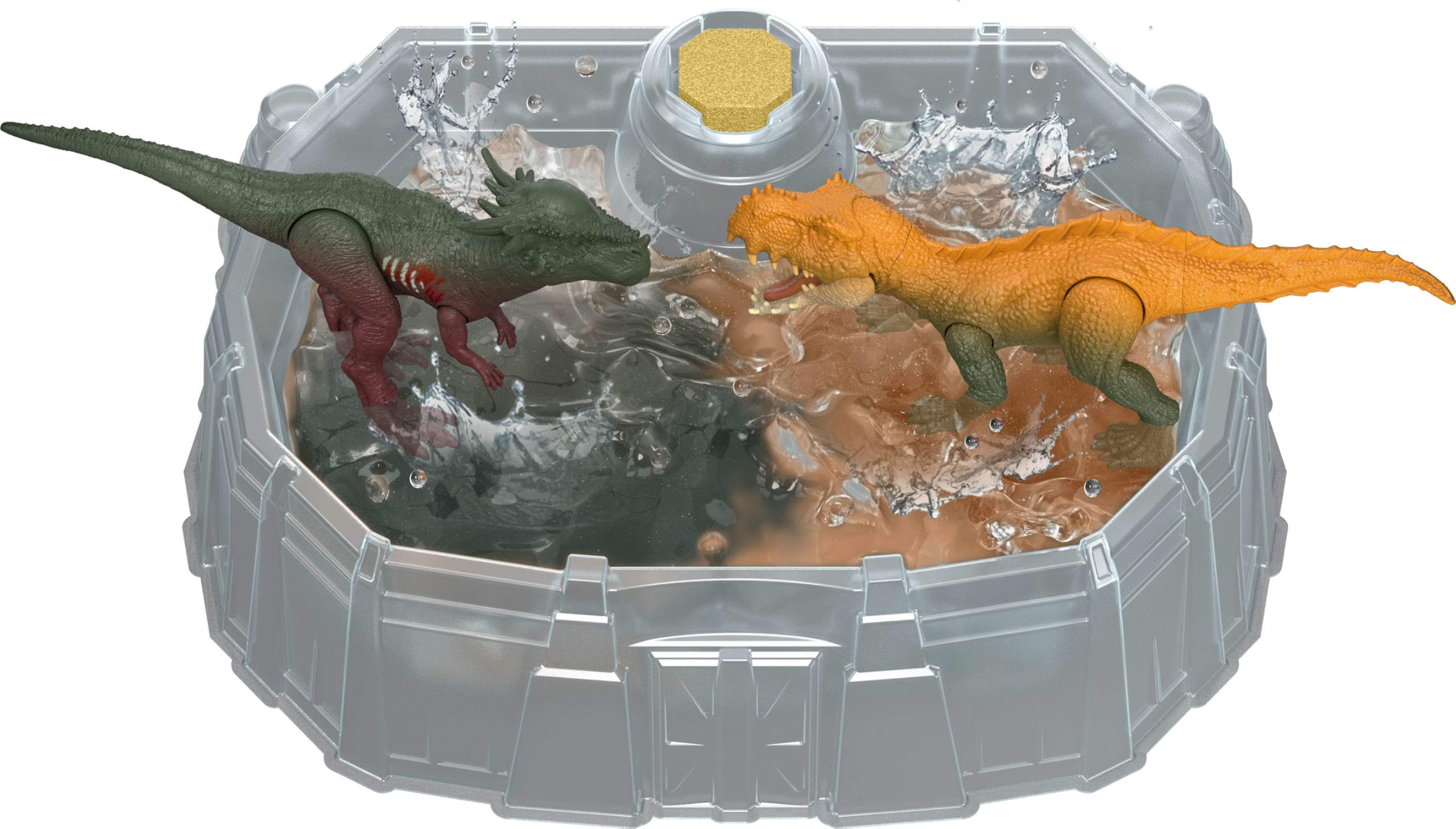 Mattel Jurassic World Dino Reveal Dinosaur 2-Pack of Toys with Battle Arena, Warm Water Uncovers Full Decoration, Color Change Play, Species Vary