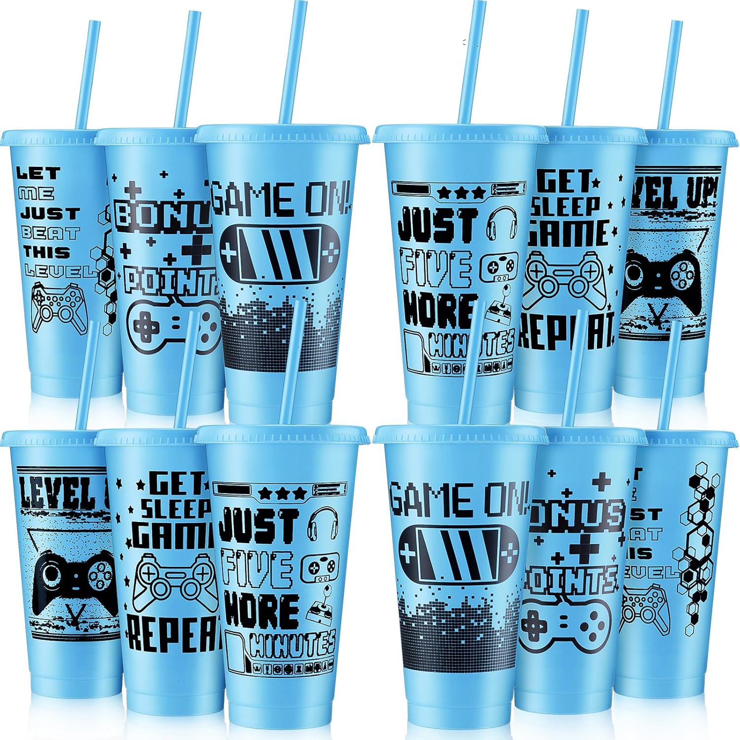 Mifoci Video Game Plastic Cups with Lids and Straws Reusable Tumbler with Lid and Straw Cute Iced Coffee Travel Cups Mug Water Bottle for Adult Kid Gaming Birthday Supplies(Blue,12 Pcs)