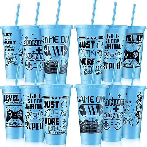 Vista 22 de Mifoci Vasos de plástico para videojuegos con tapas y pajitas, vaso reutilizable con tapa y pajita, lindo vaso de viaje para café helado, botella