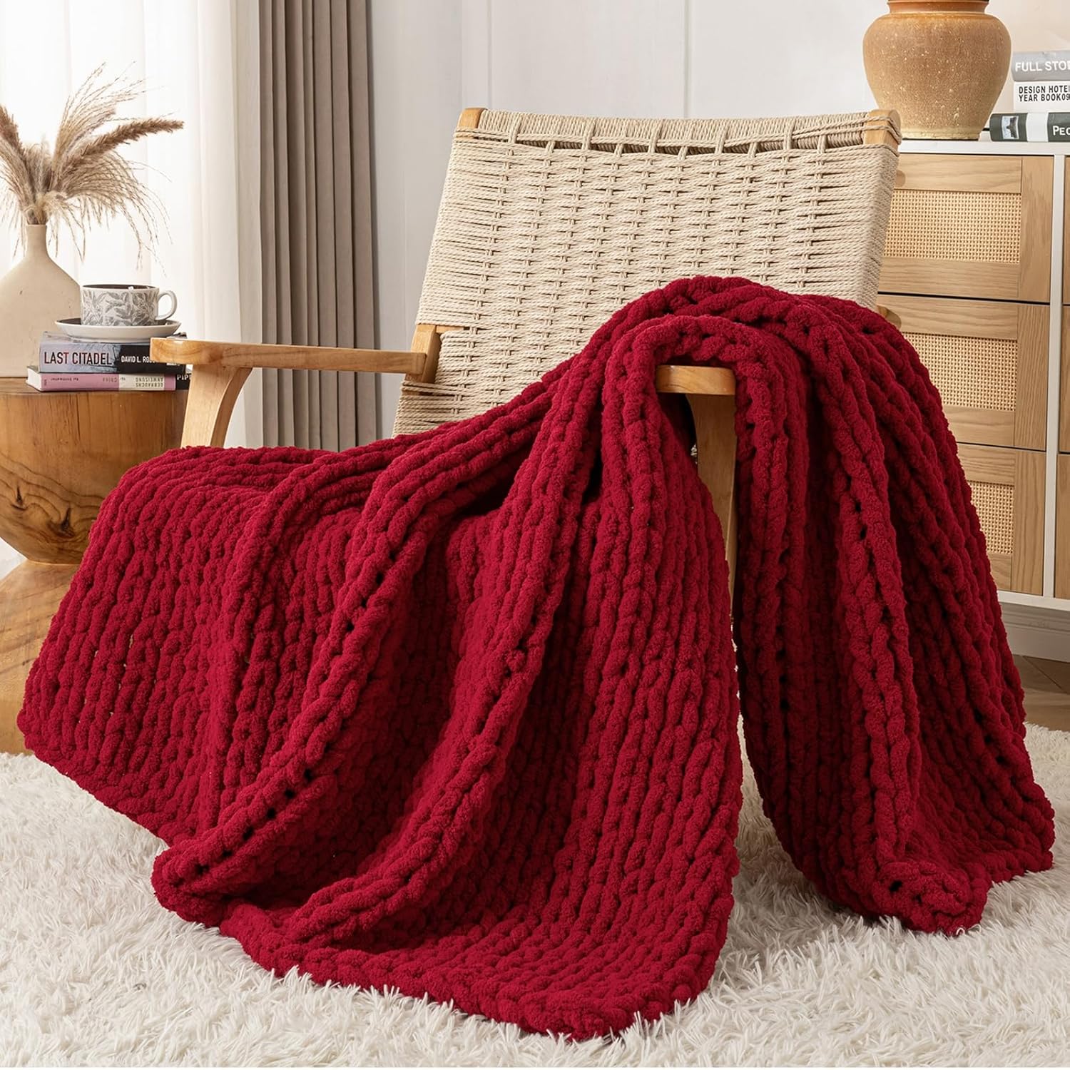 Chunky Knit Blanket Throw, 100% Hand Knit Throw Blanket Handmade Chenille Cable Knit Throw for Couch, Stylish Cozy Soft Rope Knot Crochet Blanket for Home Decor, Red, 50x60 Inches - Image 2