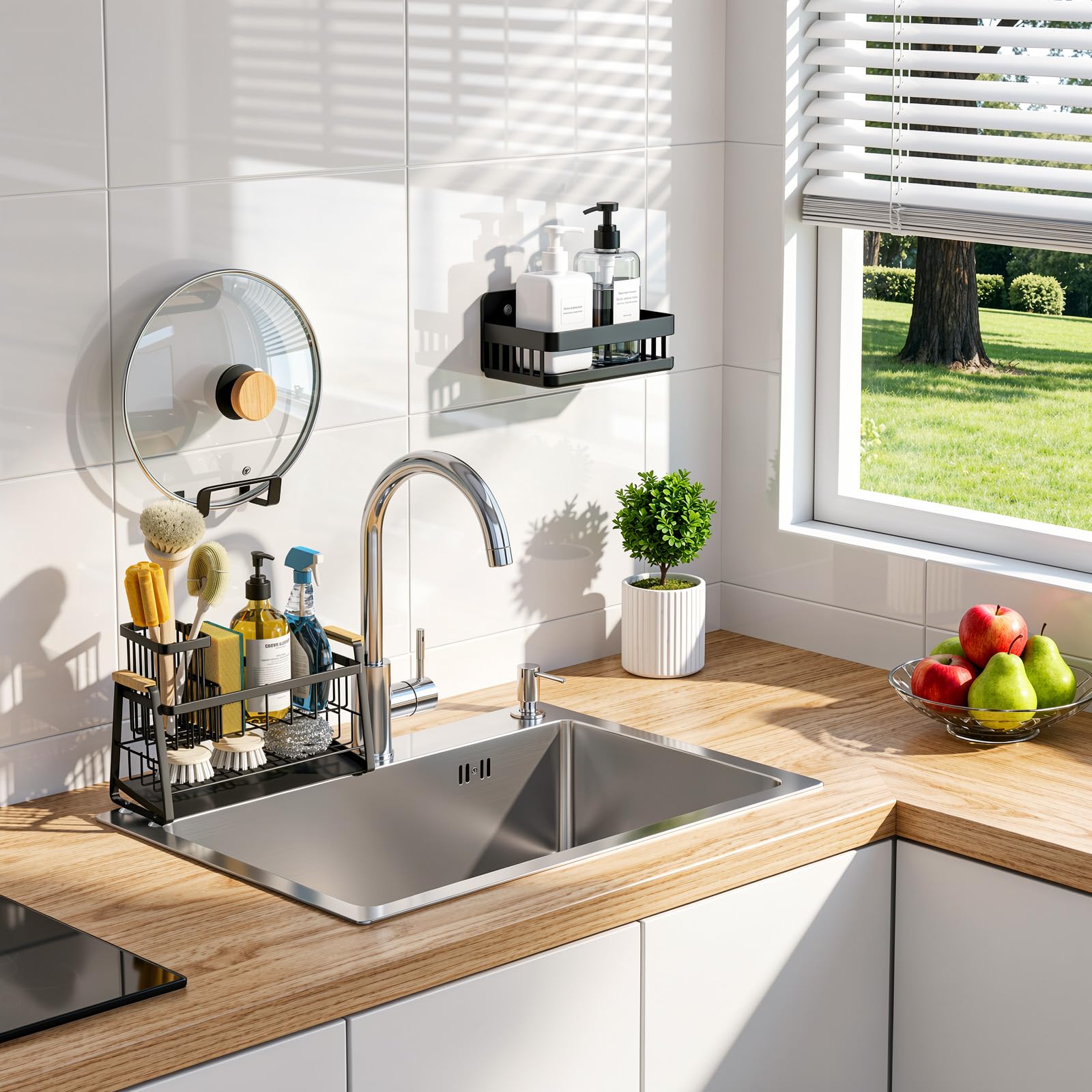 Housolution Portaspugna per Lavello Cucina, Organizer per Lavello 2 Livelli con Portaspazzole Alto e Flessibile, Accessori per Stoccaggio del Piano Cucina, Porta Dispensatore di Sapone, Antiruggine