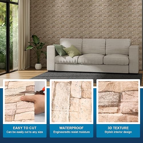 Miniatura 3 de Pluden Paneles de pared 3D para despegar y pegar, 20 paneles de pared de piedra sintética, ladrillo de espuma, papel tapiz 3D autoadhesivo