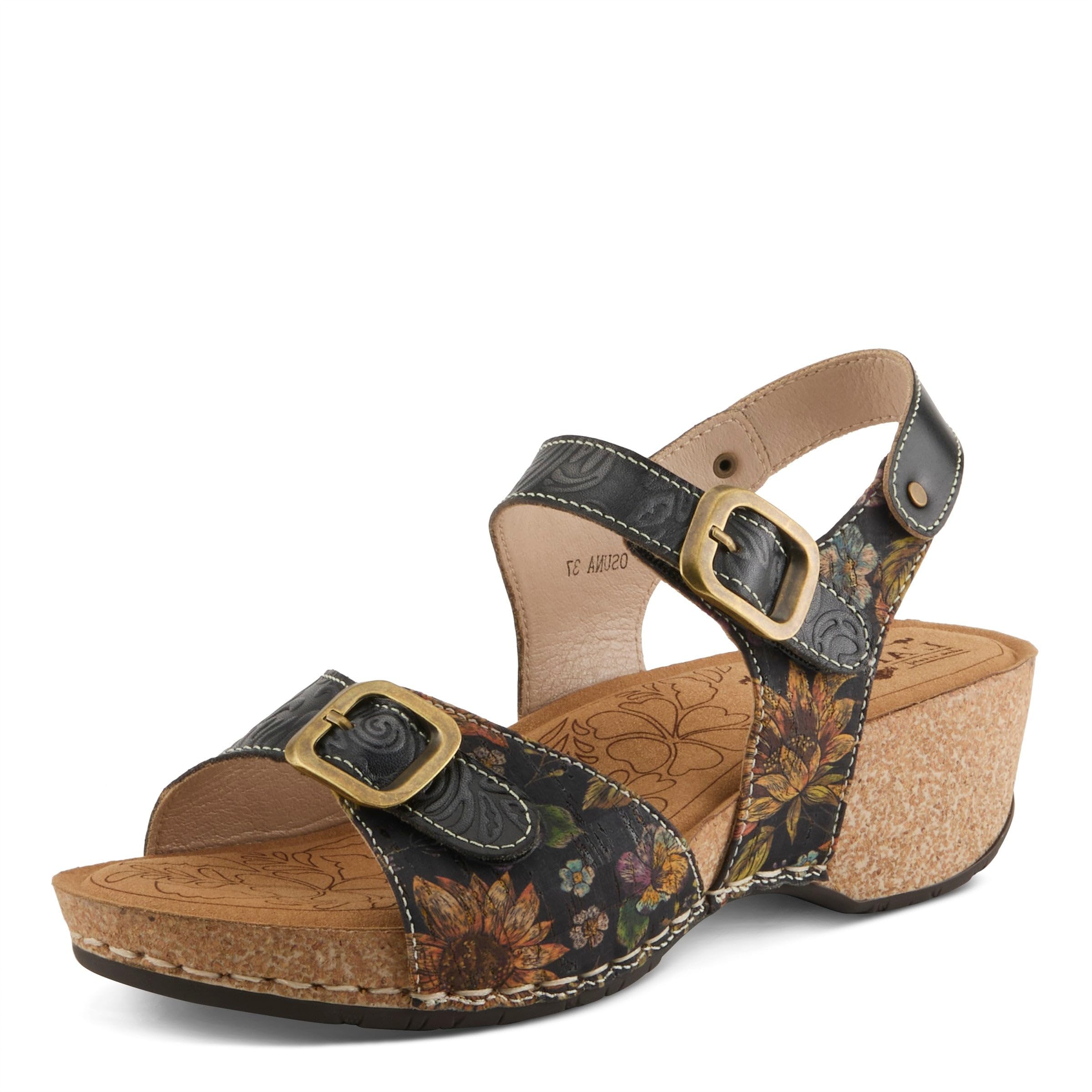 L'Artiste Women's OSUNA Hook-and-Loop Leather Sandals – Floral Cork Design, Adjustable Straps, Cushioned Demi-Wedge Sole
