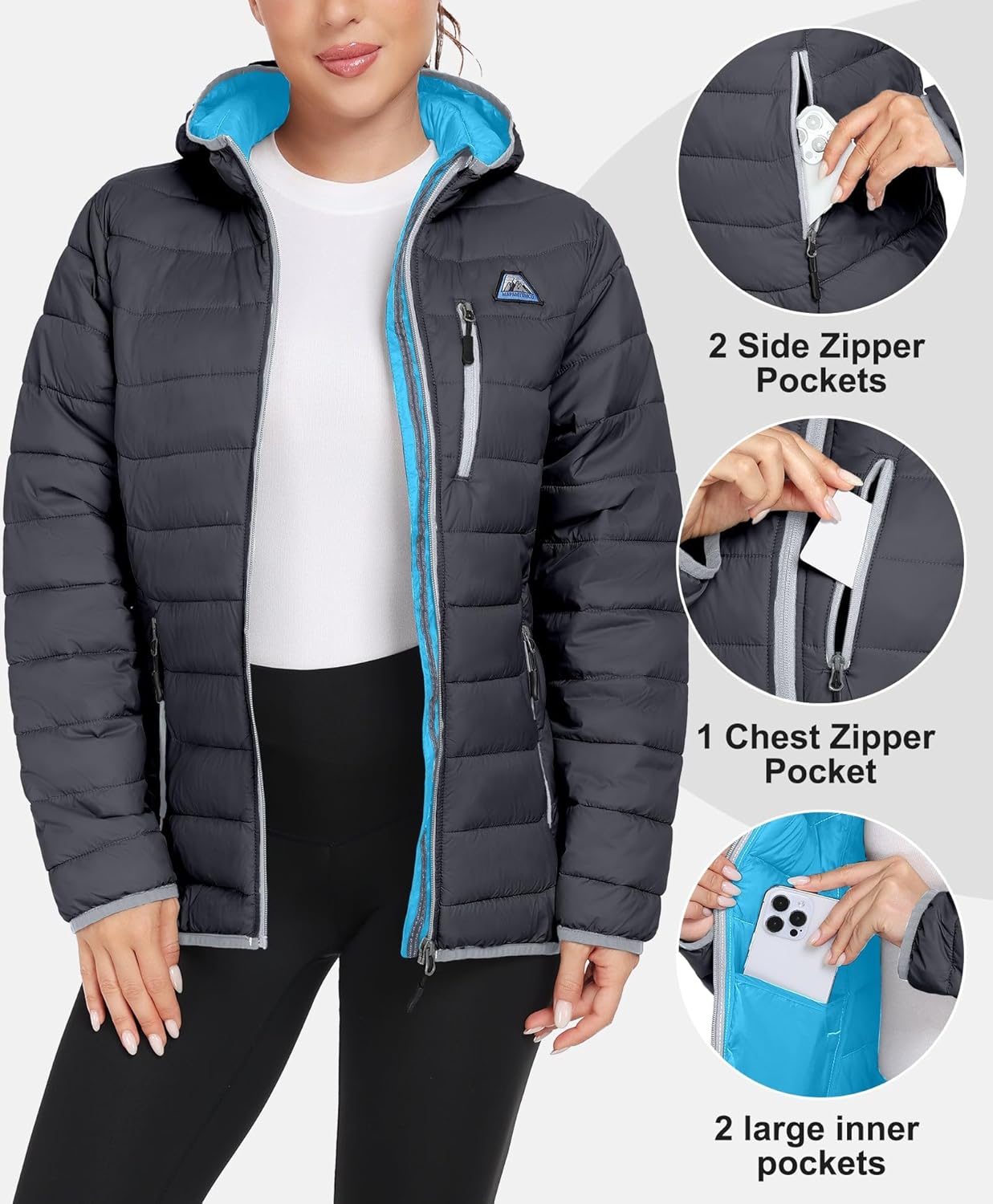 Mapamyumco Women's Packable Puffer Coat, Waterproof Windproof Lightweight Puffer Coat Long Puffer Coat with Hood（Grey XL） - Image 3