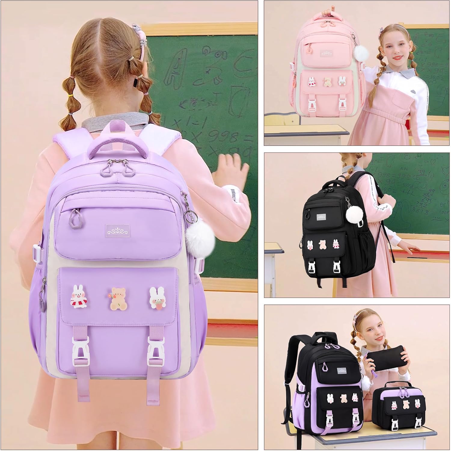 3PCS Girls Backpack for School, Kids Backpack for Girls with Lunch Box Pencil Case Set for Teen Girl Elementary Primary Middle High College School Bookbag with Cute Pins (Purple) - Image 6