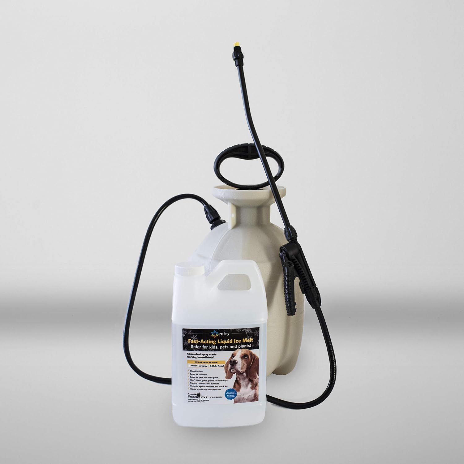 Branch Creek Entry Chloride-Free, Non-Toxic Liquid Ice Melt and Manual Pump Sprayer Bundle - Quick, Clean and Optimal Application–for Entrances and Sidewalks of Residential Properties (0.5 Gallon)