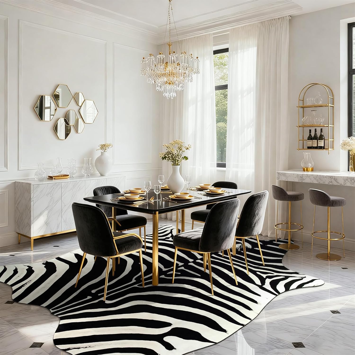 BENRON Premium Zebra Rugs for Living Room Bedroom, Non-Slip Throw Rug for Home Decor, Faux Zebra Print Animal Skin Carpets, Black and White, Ivory, 4.6 x 5.2 ft