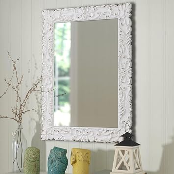 Vintage Floral Rectangle Mirrors for Wall 31 X 23 Inch | Distressed White Hanging Carved Wood Frame Flowers Glam French Country Bathroom Mirrors for Over Sink, Horizontal or Vertical