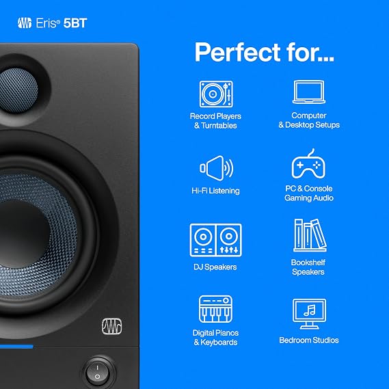 PreSonus Eris 5BT Bluetooth Studio Monitors, Pair 5.25 Inch Powered Bookshelf Speakers, Stereo, Desktop Computer, Near Field Music Production, Audio Mixing Recording