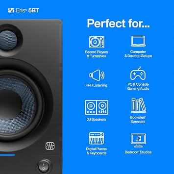 PreSonus Eris 5BT Bluetooth Studio Monitors, Pair 5.25 Inch Powered Bookshelf Speakers, Stereo, Desktop Computer, Near Field Music Production, Audio Mixing Recording