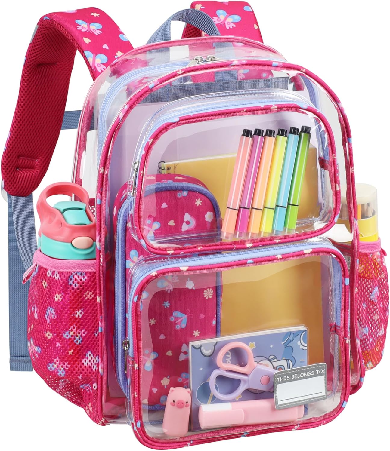Bagseri Clear Backpack for Girls - 15 Inch Heavy Duty Kids Clear Bookbag for Kindergarten to Grade 2, Transparent School Bag with Reflective Strip, Fits Folders, Rose Pink Butterfly