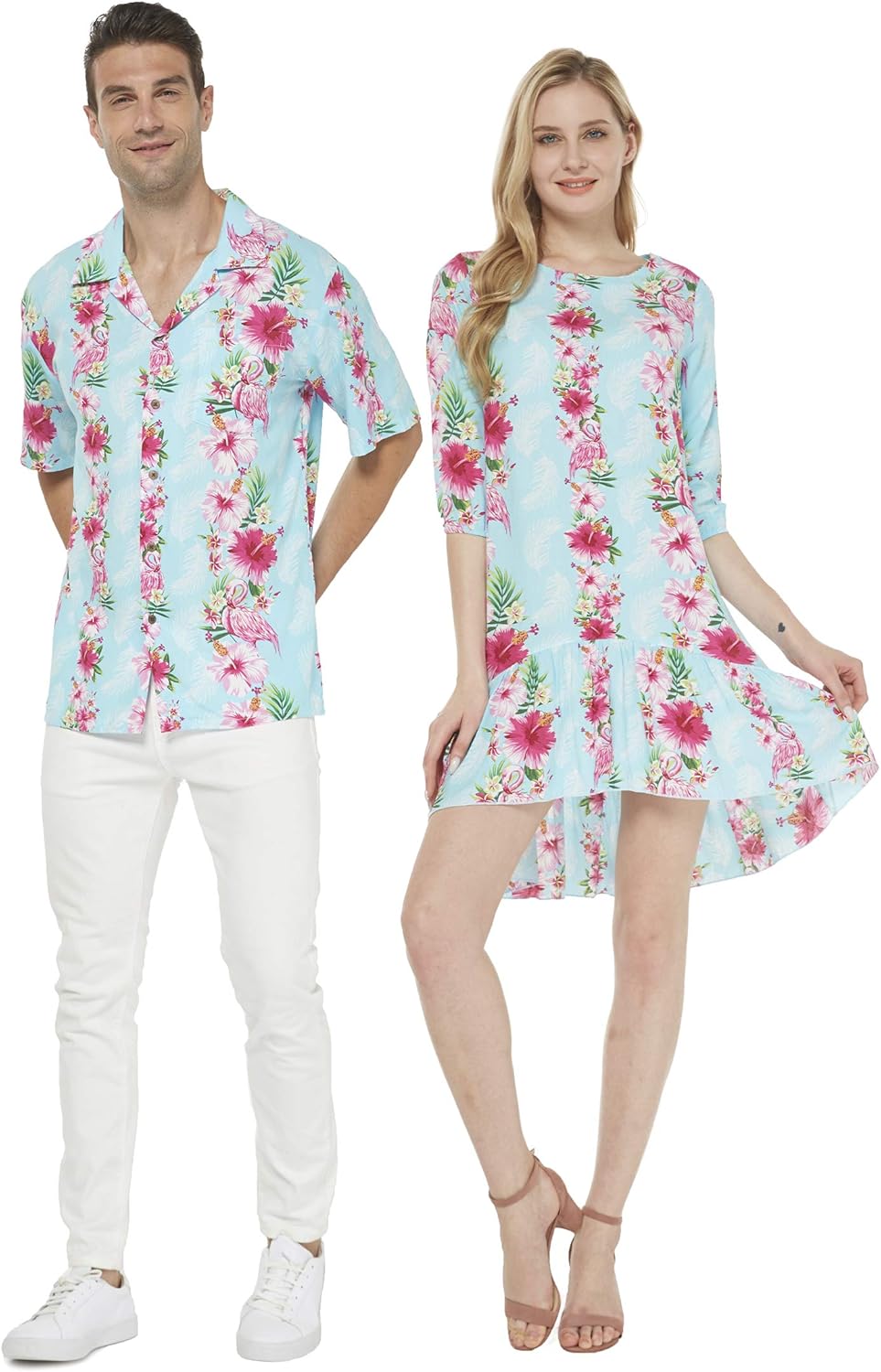 Couple Matching Hawaiian Luau Shirt 3/4 Sleeve Ruffle Dress in Pink Hibiscus Vine