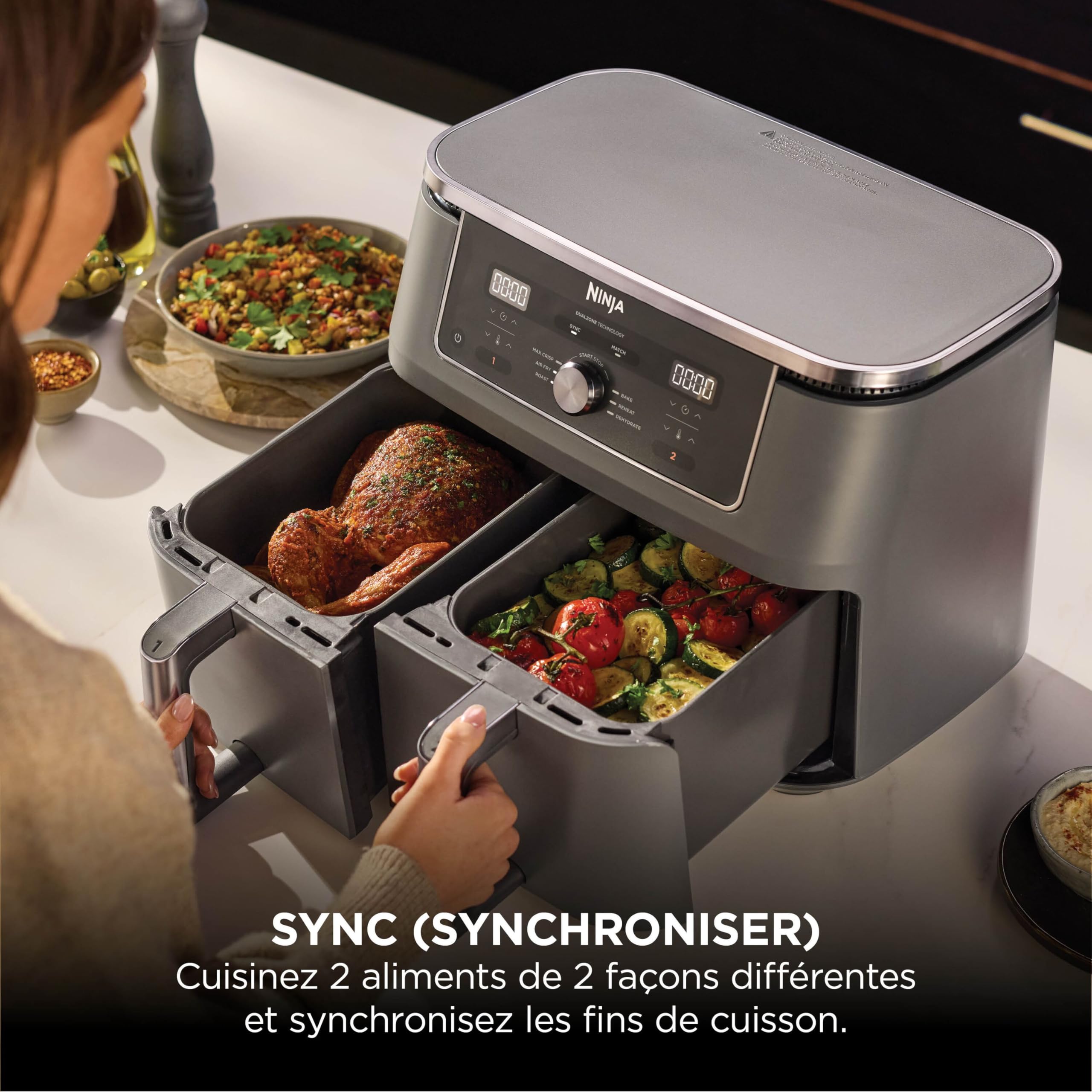 Ninja Air Fryer Dual Zone MAX numérique, Friteuse à air chaud grande capacité, 9,5 L, Sans huile, Air Fry, Croustillant max, Cuire au four, Rôtir, Déshydrater, Réchauffer, Stone/or, DZ400EUSTGD
