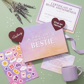 What I Love About You Bestie Book, Fill in the Blank Keepsake | Hardcover, lay flat binding, 50 prompts, 10 photo pages, stickers, best friend birthday or long distance
