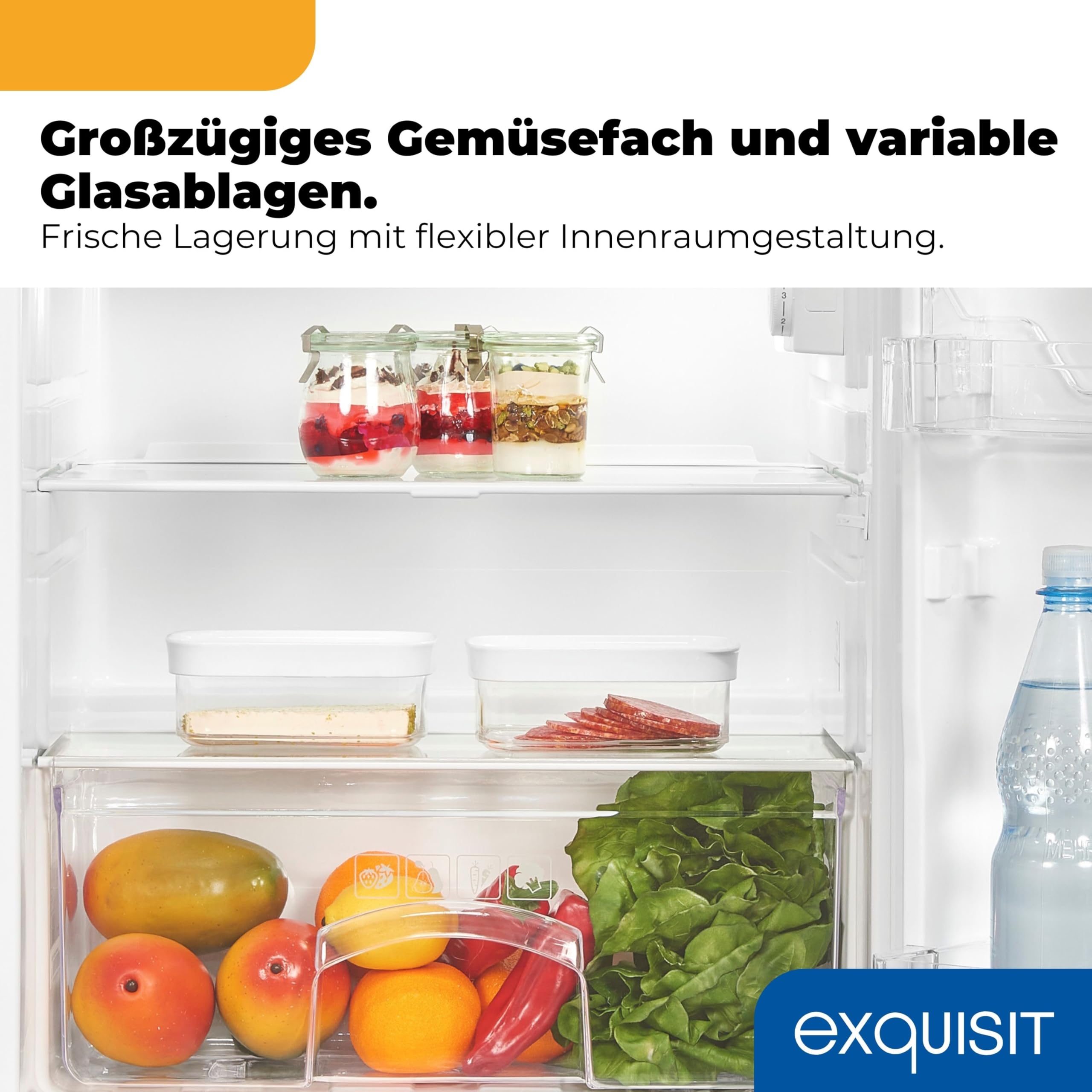Exquisit KS516-4-E-040E Kühlschrank mit Gefrierfach, 109 l, LED, Weiss | Kompaktes Standgerät mit 4-Sterne-Gefrierfach, 139 kWh/Jahr, 40 dB, wechselbarer Türanschlag, 85 cm hoch, Glasablagen