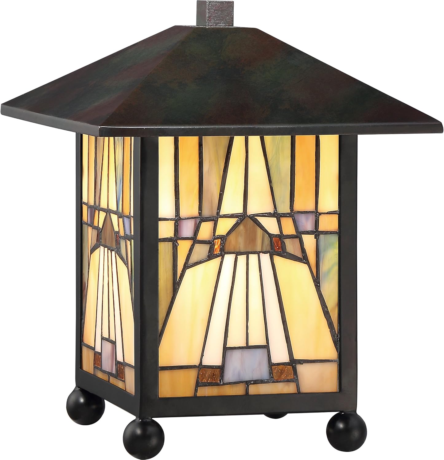 Quoizel TFIK6111VA Inglenook Interior Lighting Tiffany Style Classic Geometric Handcrafted Orange Yellow Brown Art Glass Table Lamp, 1-Light 60 Watt, 11" H x 9" W, Valiant Bronze
