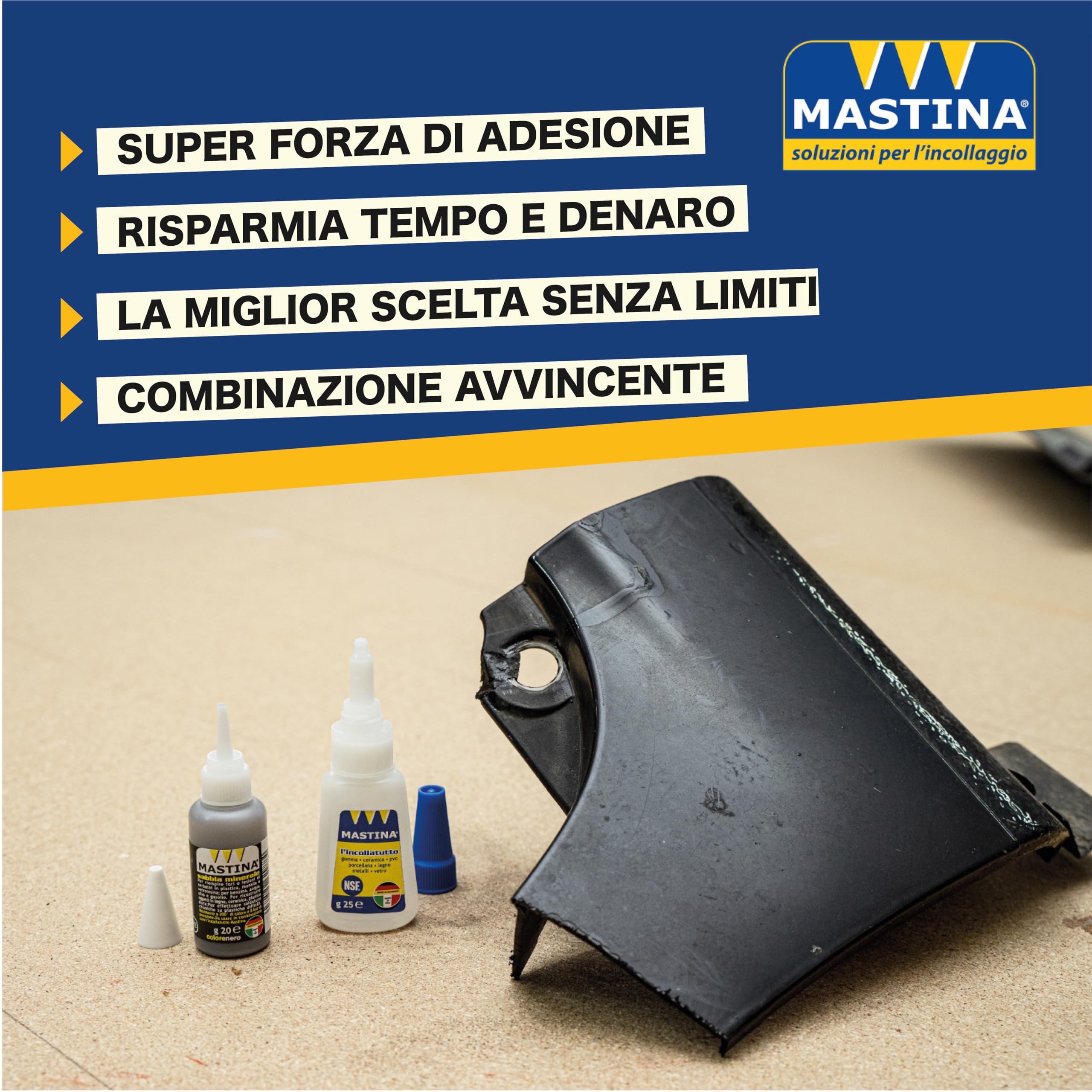 Mastina, Kit Completo di Riparazione con Boccetta Maxi Incollatutto 25g + 3 Sabbie Minerali da 20g (Bianca, Grigia, Nera) + 5 beccucci di precisione