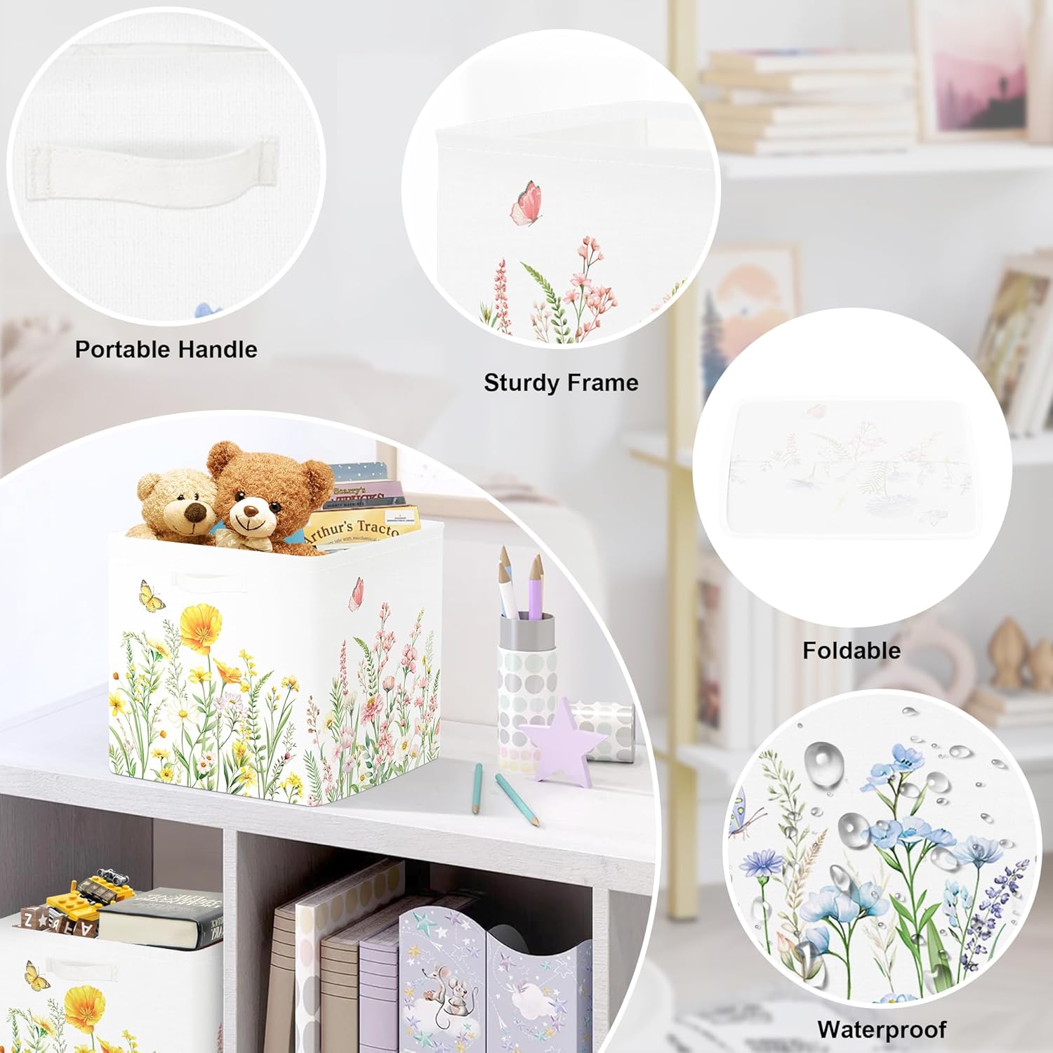 11.8" Wild Flower Storage Cube Organizer Set 3Pcs Clothes Storage Basket Bin for Closet Shelf Garden Butterfly Nursery Kid Room Book Toy Chest, Plant Bush