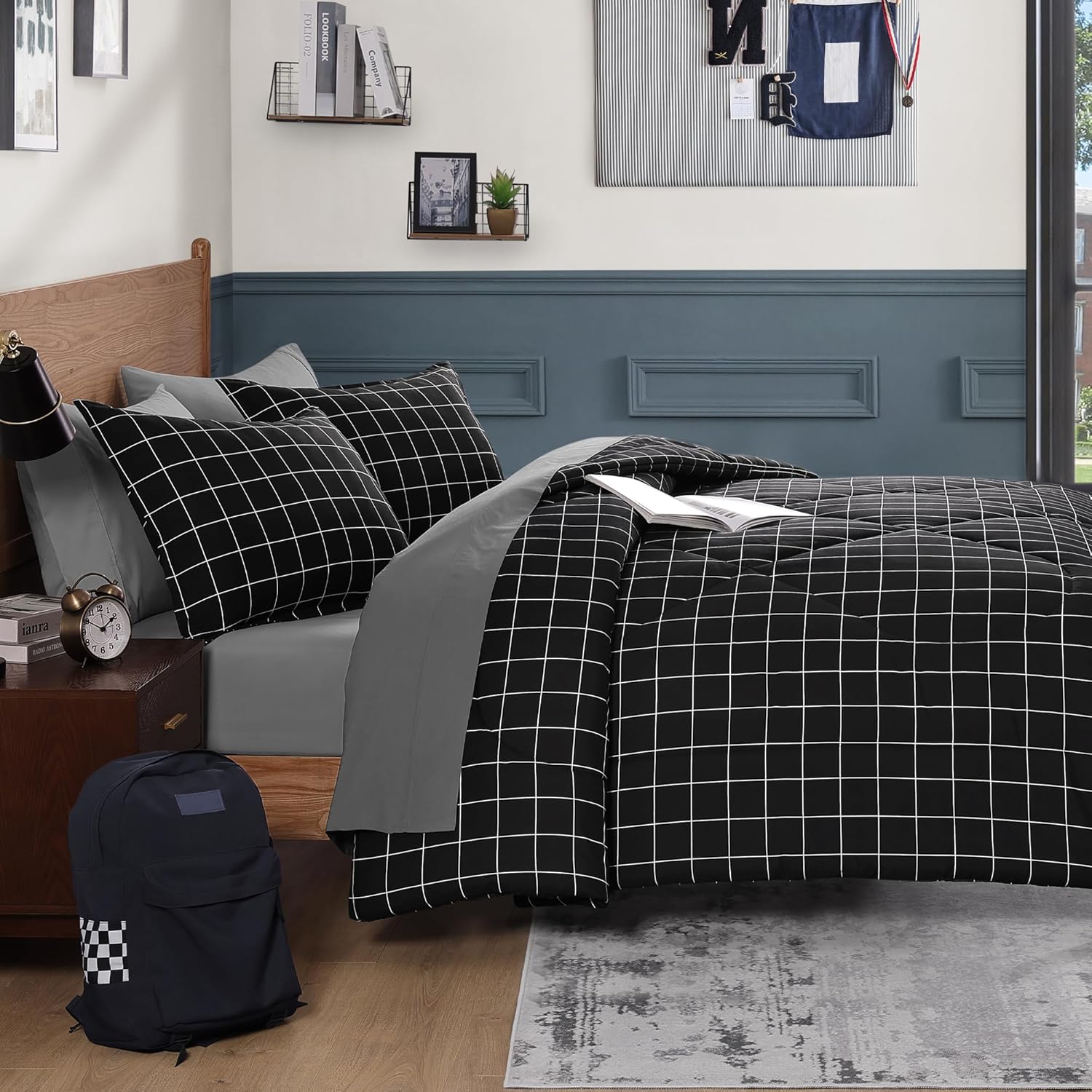 Andency Black Grid Comforter Set Twin Size (66x90 Inch), 2 Pieces(1 Grid Comforter and 1 Pillowcase), Summer Lightweight Microfiber Down Alternative Black Comforter with White Lines for Kids Girls - Image 3