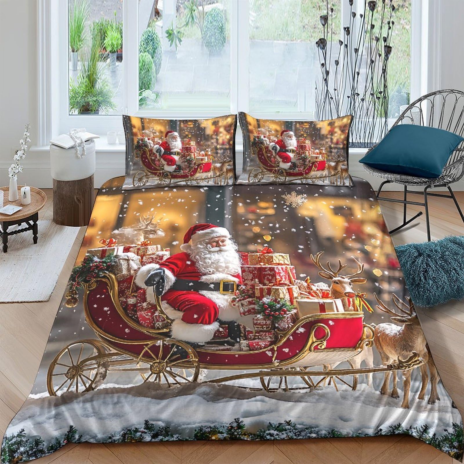 Ctjqhvkz Style-3 3D Printed Christmas Santa Sleigh Fitted Sheet Microfiber Soft Festive Dog Bed Cover For Bedroom Guest Room Dorm Mattress Protection Single（135X200cm）