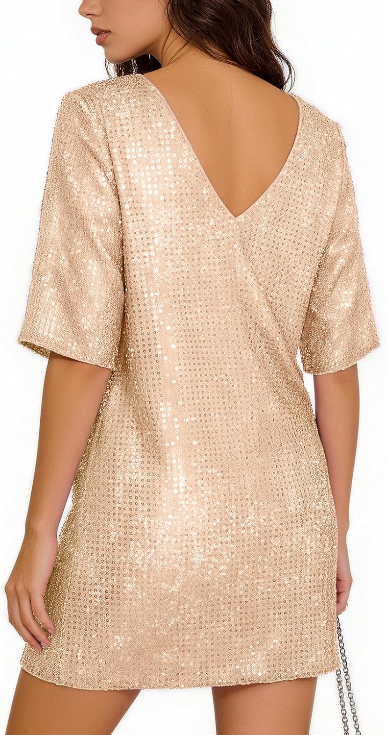 Women's Sequin Sparkly Cocktail Party Dress Holiday Club Elegant Glitter Short Sleeve Shift Dresses for Women