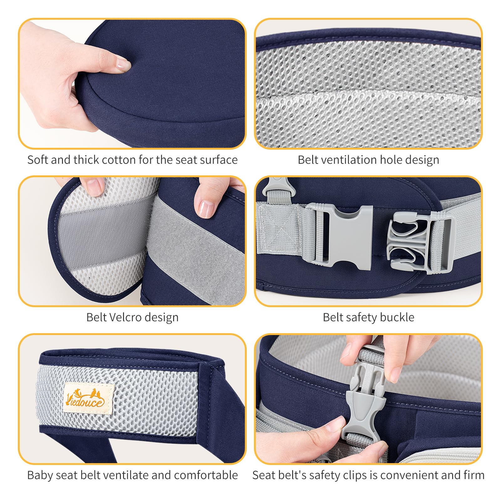 Viedouce Portabebé Ergonómico Asiento de Cadera,con Protección del Cinturón la Seguridad,Algodón Puro Ligero,Taburete de Cintura de Posición Múltiple por Bebé Niños 4-36 Meses(Azul Oscuro)