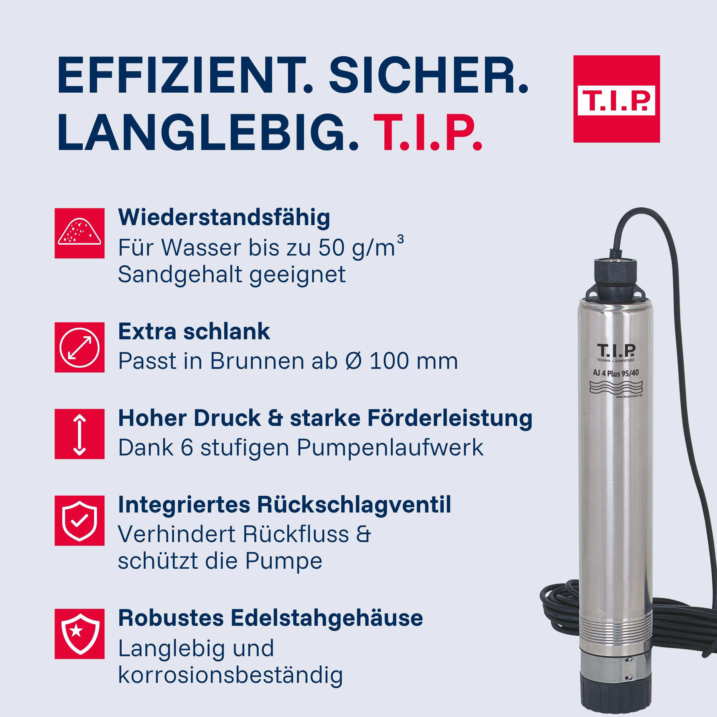 T.I.P. Tiefbrunnenpumpe ab Ø 10 cm Brunnen, 5.700 l/h, 40 m Förderhöhe | AJ 4 Plus 95/40 Sandresistente Edelstahl Brunnenpumpe, 40 m Förderhöhe, 4 bar Druck und 23 m Kabel, Rückschlagventil,
