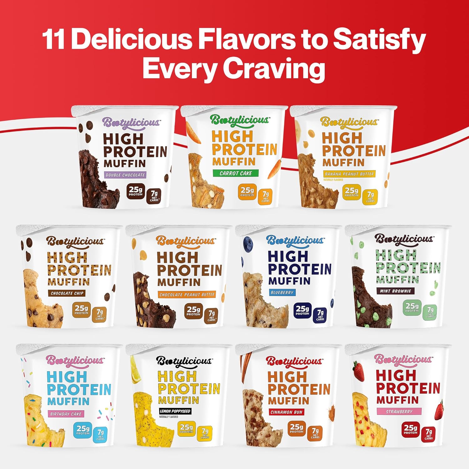 Bootylicious | High-Protein Muffin | 25g Protein, 7g Net Carbs, 2.32-2.75oz Cup, 12-Pack (Cinnamon Bun)