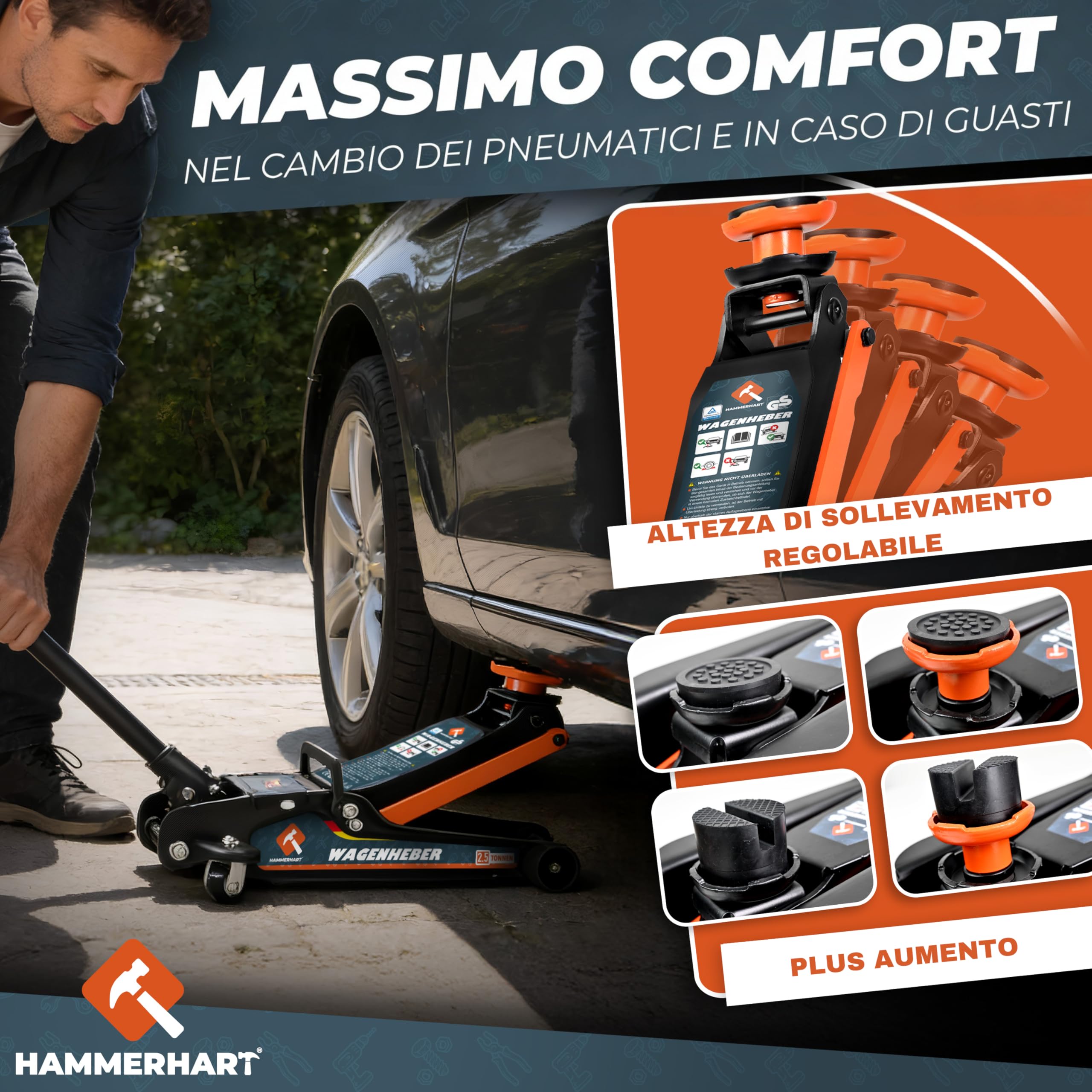 Cric per auto 2,5 tonnellate | Sollevatore auto certificato TÜV con altezza di sollevamento da 85 a 384 mm | Cric idraulico premium con ruote a 360° e doppio pistone | Cric supporti in gommae valigett
