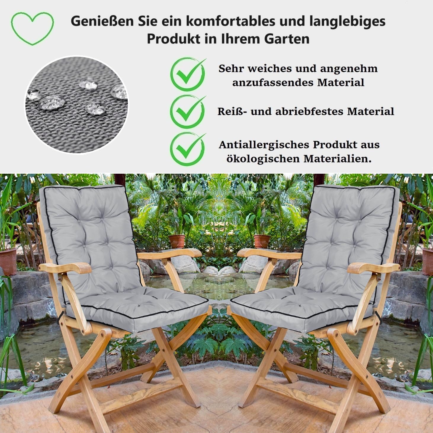 Auflage Hochlehner Gartenstuhlkissen Sitzkissen 50 x 50 x 80 cm Sitzpolster für Stühle mit Hoher Lehne Bindebändern Gesteppt