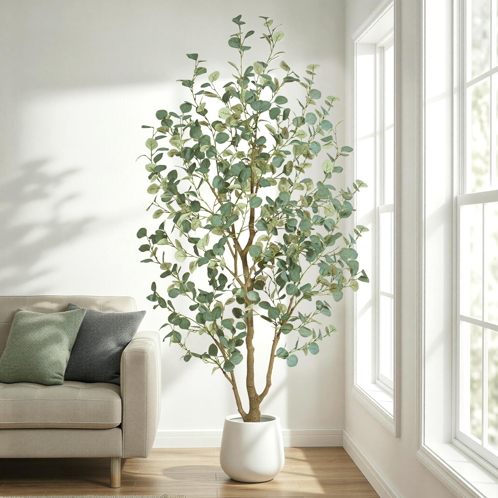 Eukalyptus Baum künstlich 180cm, künstliche Pflanzen groß mit 636 Seidenblättern, Große Kunstpflanzen Wie echt-Kunstpflanzen Indoor für Wohnzimmer, Büro oder Schlafzimmer