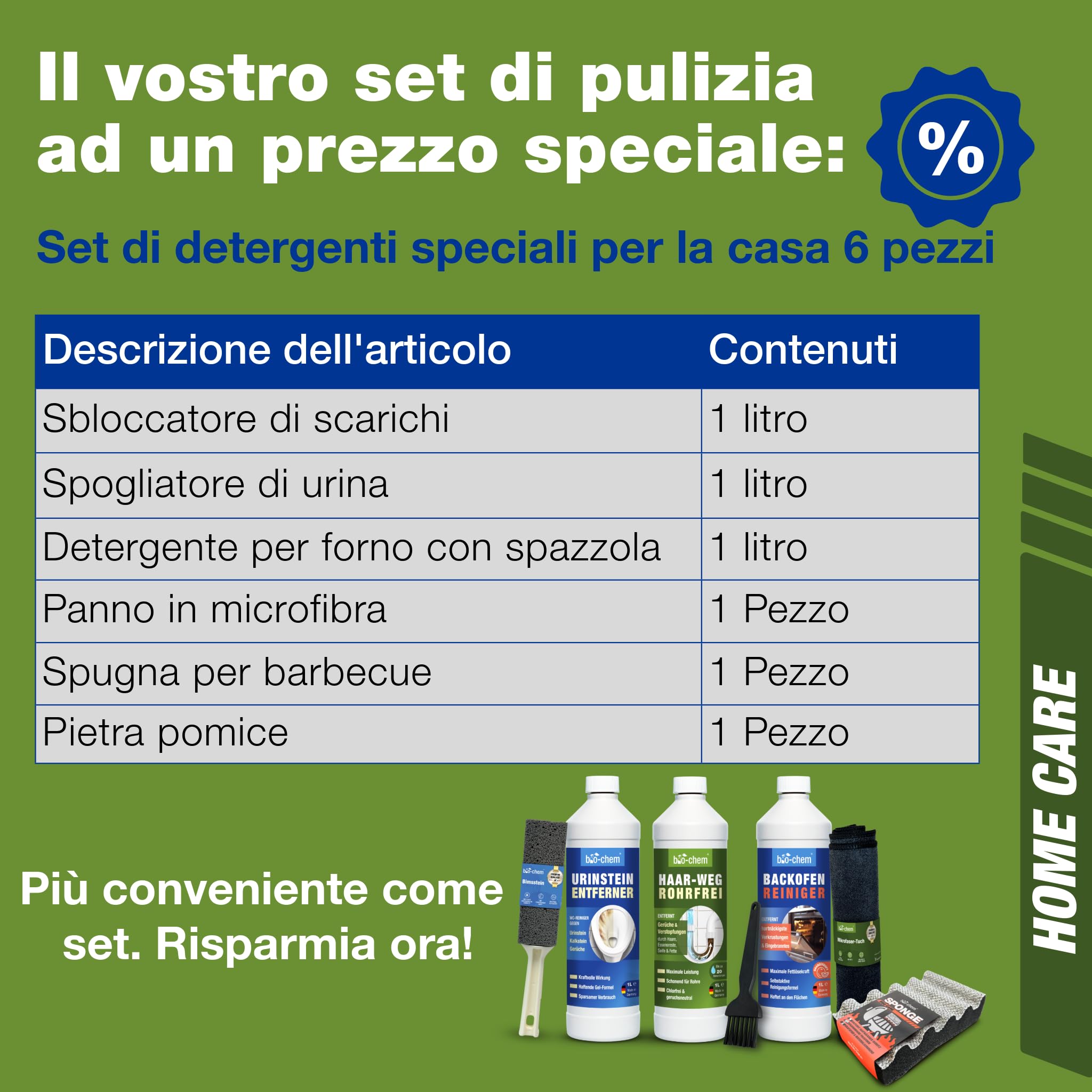 bio-chem Set di 6 prodotti per la pulizia di tubature, WC e forno | Rimuovi urina e calcare - Sblocca scarichi - Pulisci forno - Con spugna, panno e pietra pomice