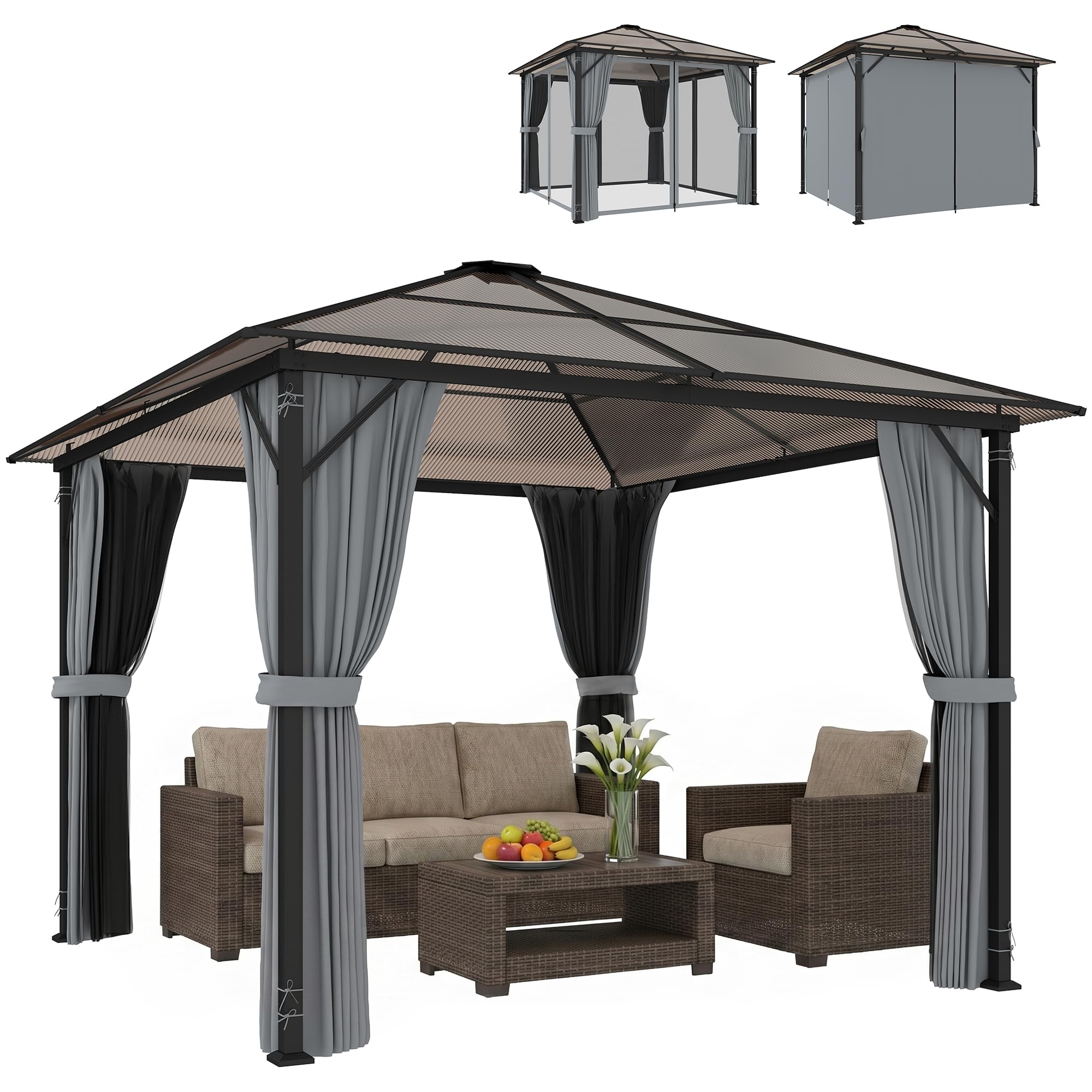Outsunny Pavillon 3 x 3m Pavillon de Jardin Tente de réception avec Parties latérales PC Toit Alu Gris foncé