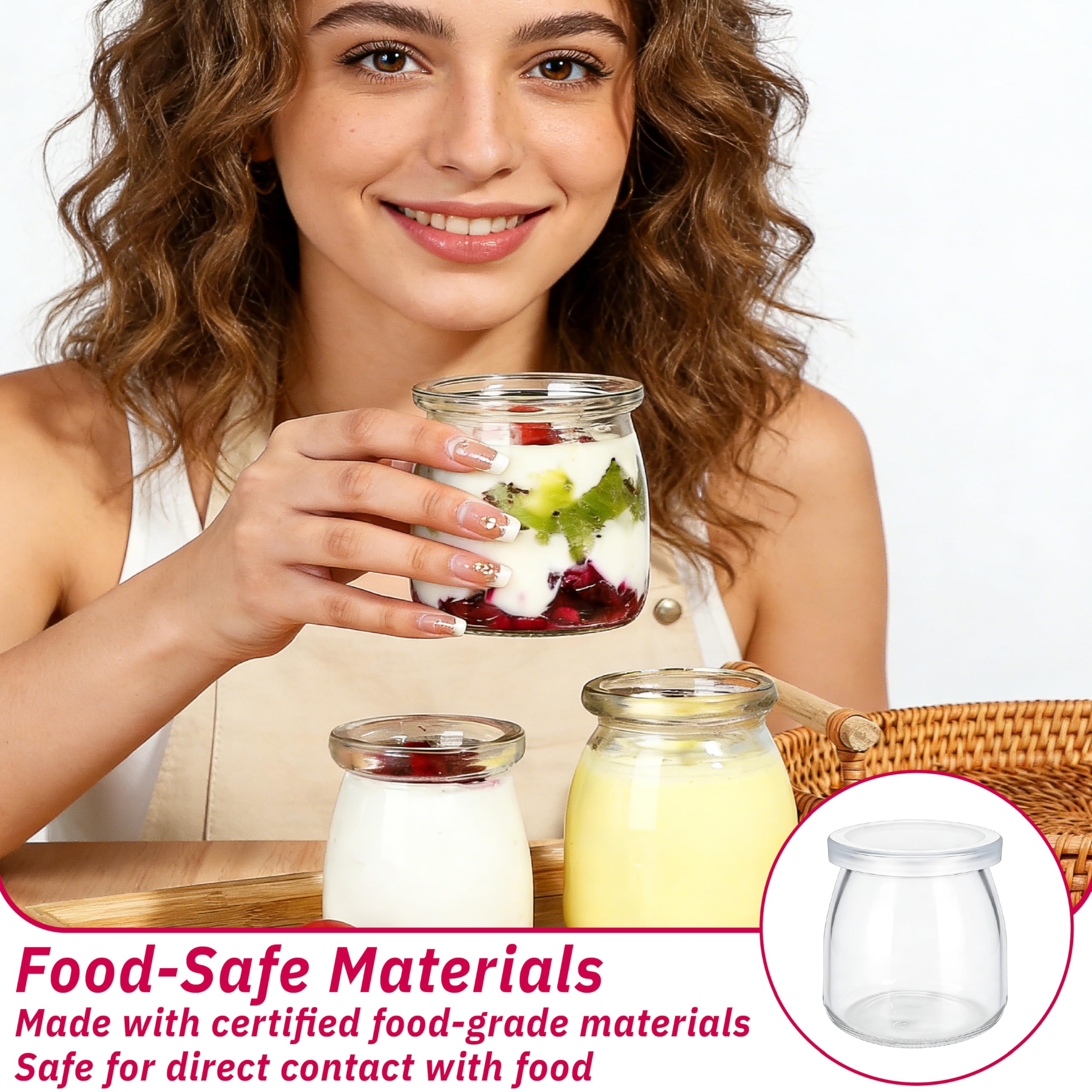 Juego de 12 tarros de yogur transparentes de 200 ml con tapas – Vasos reutilizables para mermelada, miel, velas – Aptos para lavavajillas, microondas y congelador, sin BPA