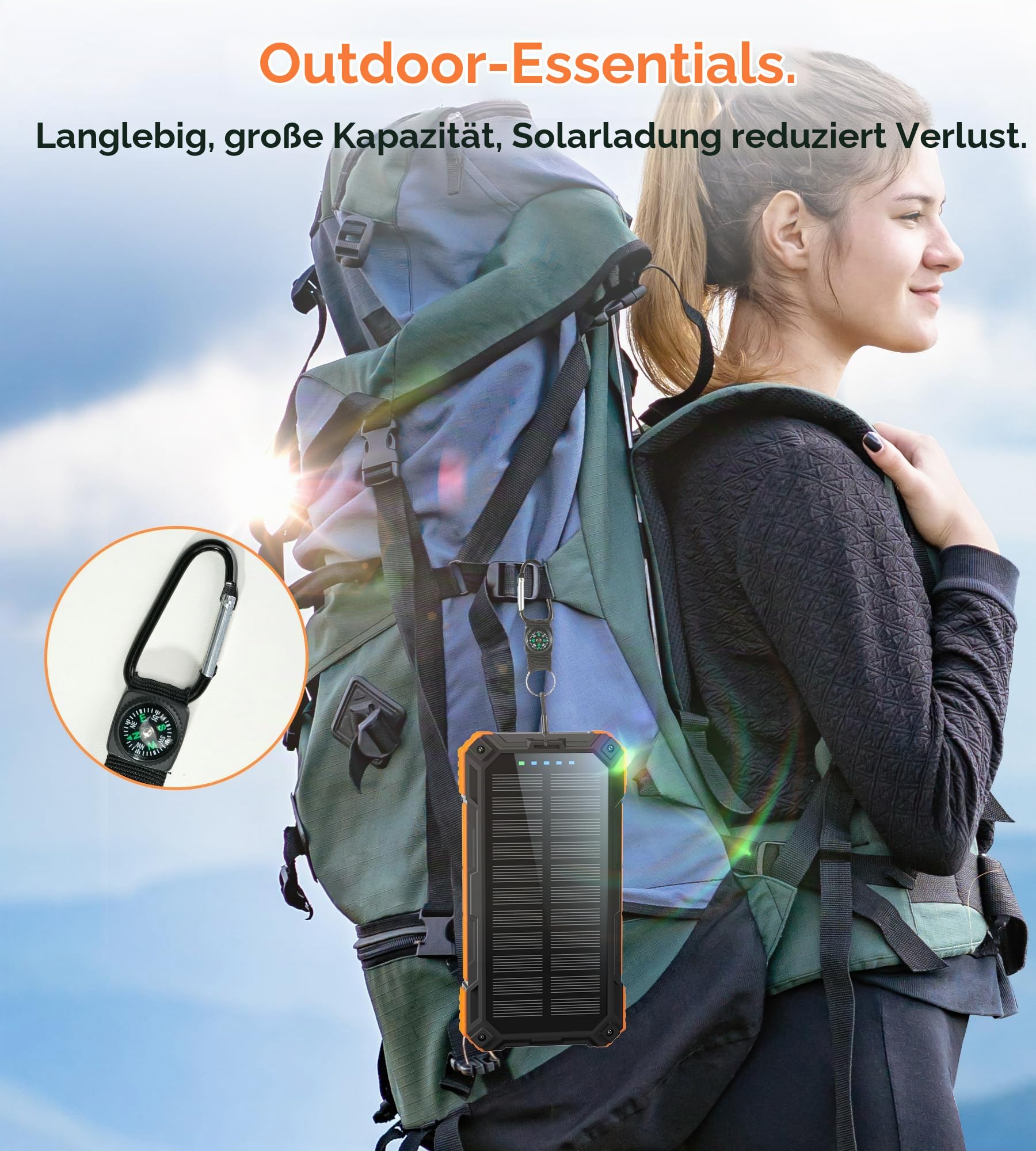 56800mAh Solar Powerbank, Wireless Power Bank groß mit 4 Kabeln, 30W PD Schnellladefunktion, 6 Ausgänge, Taschenlampen, Power Bank große Kapazität für Camping, Outdoor, Phone, Tablets (Orange)