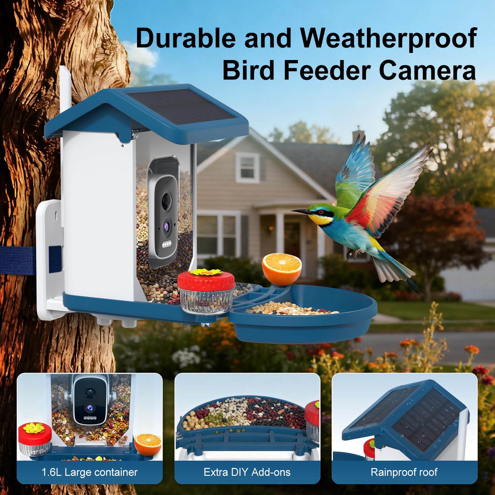 Smart Bird Feeder mit Kamera Solarbetrieben, 4K HD Video Vogelhaus, AI Vogelarten Identifikation, Live Stream & Nachtsicht, Auto-Capture & Notify, Wetterfestes Design, Ideale Geschenke für Liebhaber