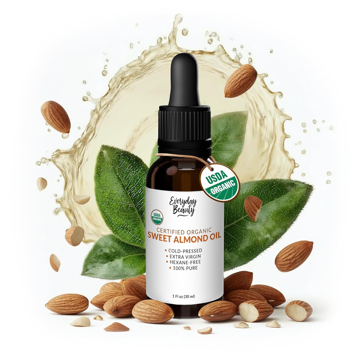 Organic Sweet Almond Oil | 100% Pure, Cold-Pressed, Unrefined | USDA Certified Organic | Amber Glass Bottle with Glass Dropper | For Face, Skin & Hair – 1 Fl Oz