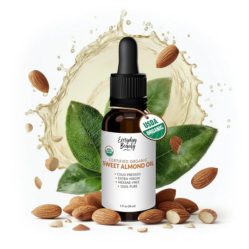 Óleo de amêndoas doces Everyday Beauty, prensado a frio e não refinado, frasco de vidro âmbar com conta-gotas, 30 mL