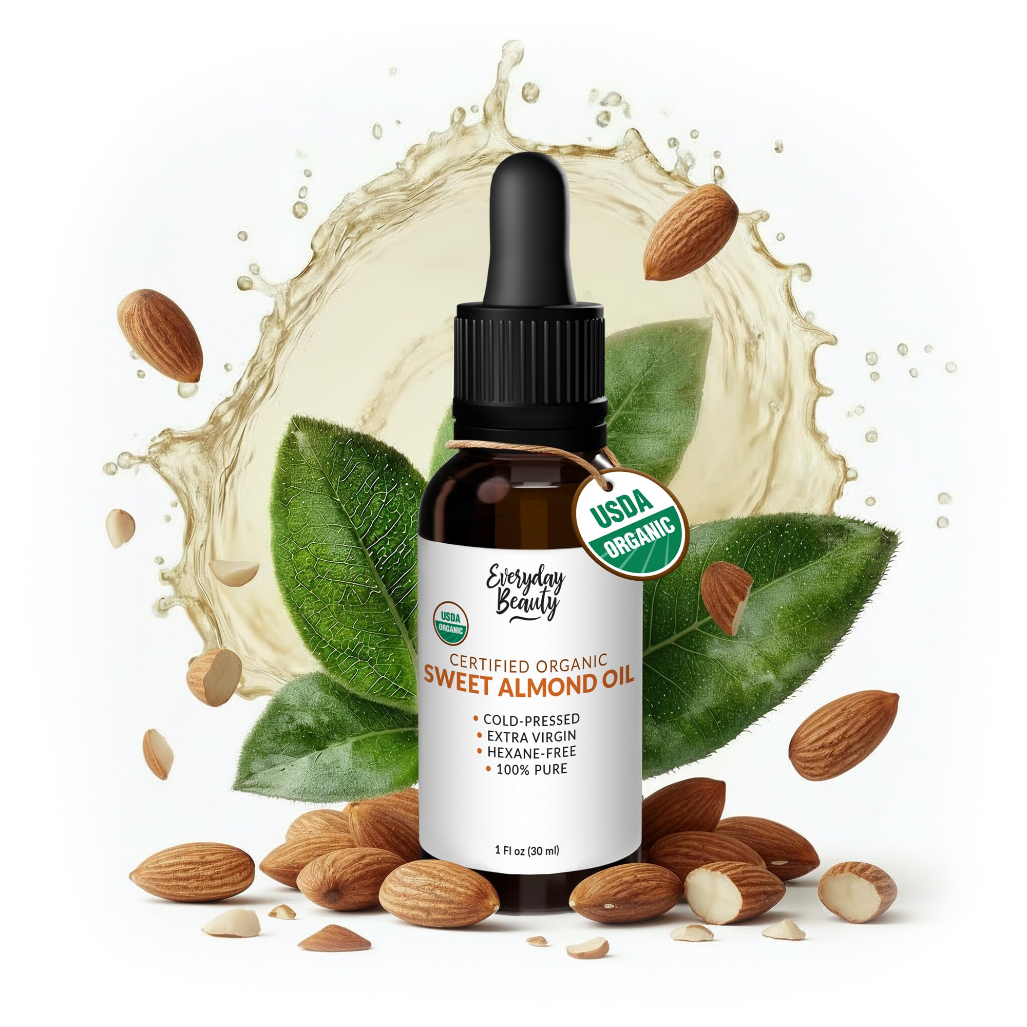 Organic Sweet Almond Oil | 100% Pure, Cold-Pressed, Unrefined | USDA Certified Organic | Amber Glass Bottle with Glass Dropper | For Face, Skin & Hair - 1 Fl Oz