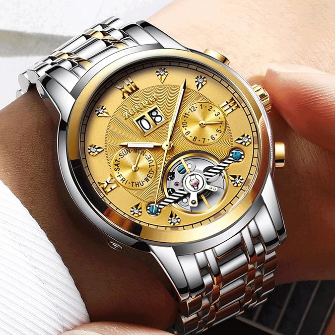 ZUNPAI Watches for Men Automatic Transparent Skeleton Mechanical Luxury Watch Classic Self-Winding Calendar Diamond Stainless Steel Waterproof Mens Wrist Watch
