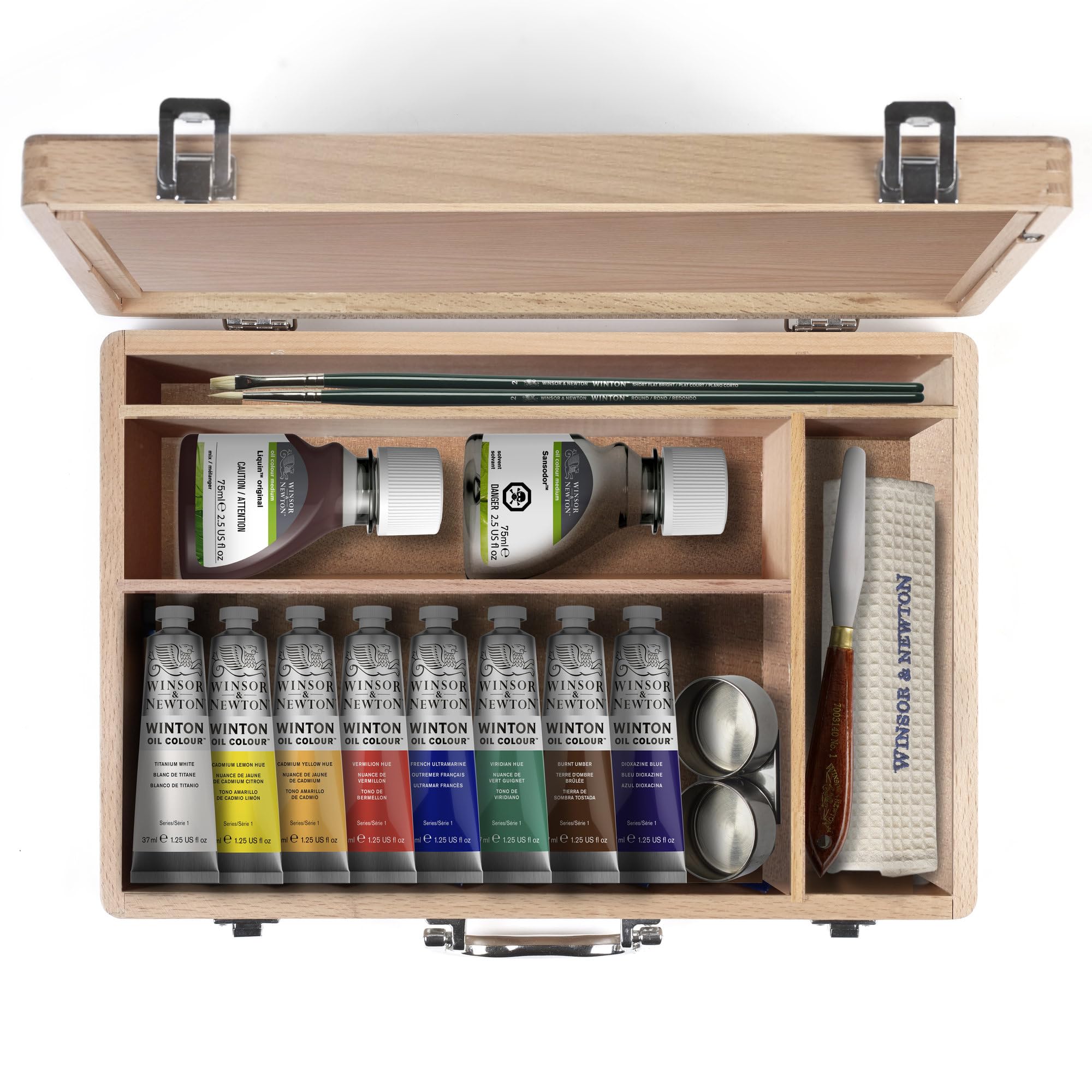 Winsor & Newton 1490712Zestaw farb olejnych Winton w drewnianym pudełku, 8 farb olejnych w tubkach 37ml, Liquin Original 75ml, medium do malowania olejnego Sansodor 75ml i akcesoria