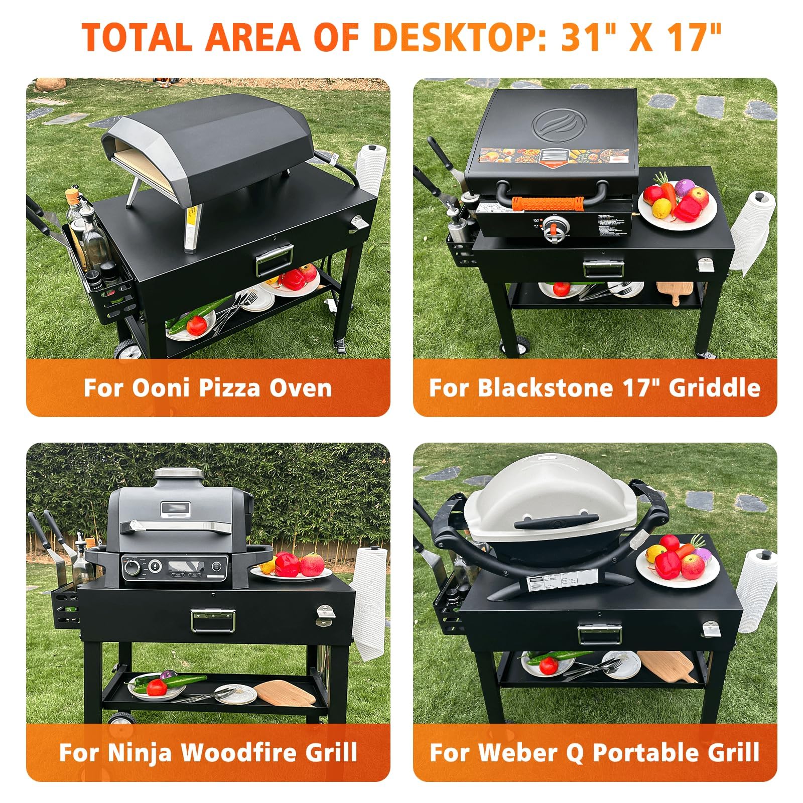 GFTIME Carro de barbacoa Ninja Woodfire OG700, carrito portátil plegable, mesa para Weber Q1000/Q2000, piedra negra, altura