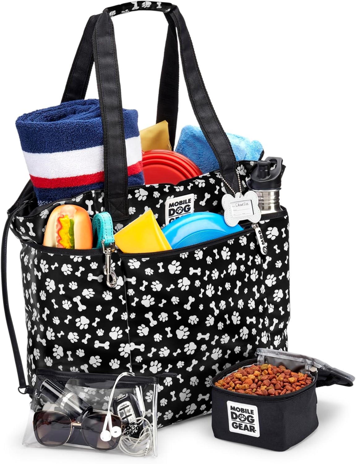 Mobile Dog Gear, Dogssentials Dog Tote Large Travel Bag, Includes Lined Food Carrier and Clear Wristlet Pouch, Meets Airline Requirements, 19 Inches x 17 Inches, Black/White Paw Bone Print