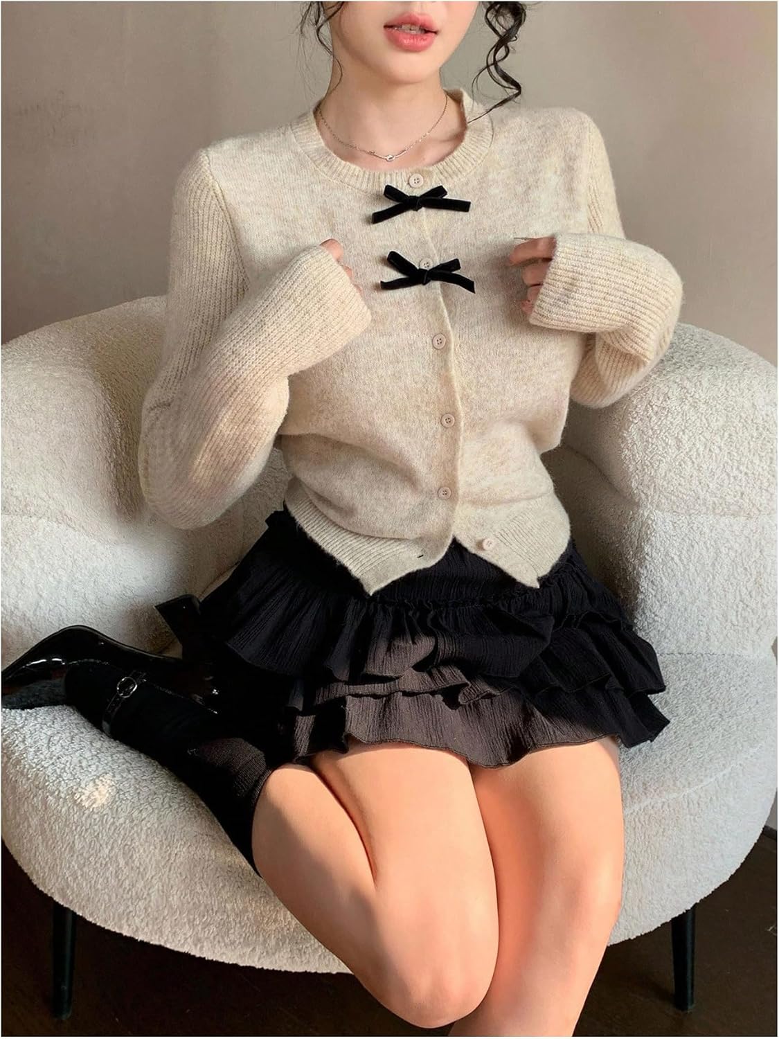 Women's Bowknot Front Button Down Sweaters Crew Neck Cute Cardigans Fall Tops - Image 5