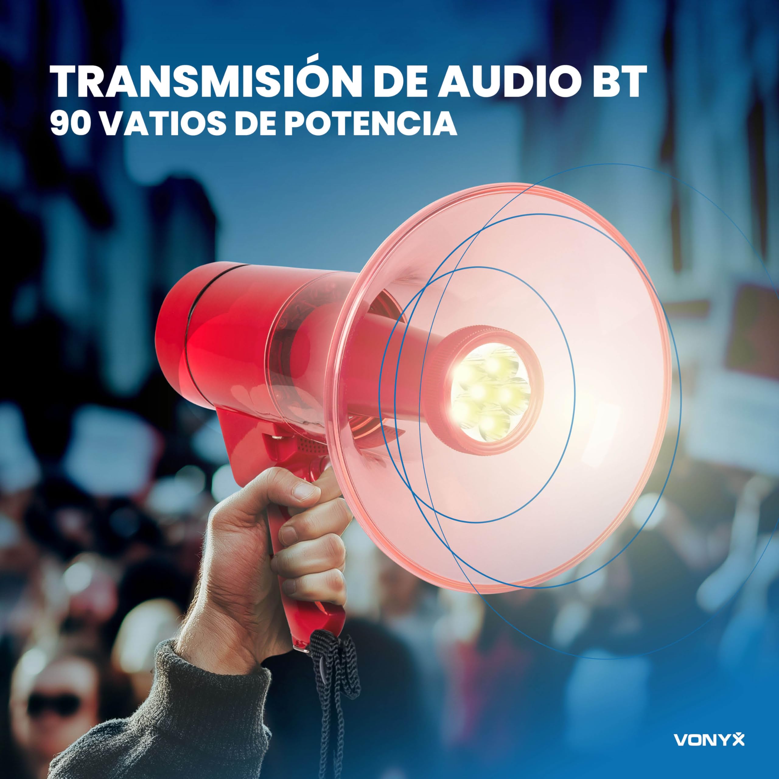 Vonyx MEG050 Megáfono 50W 1000m Alcance Batería Recargable Sirena Micrófono LED Bluetooth MP3 USB SD AUX Rojo