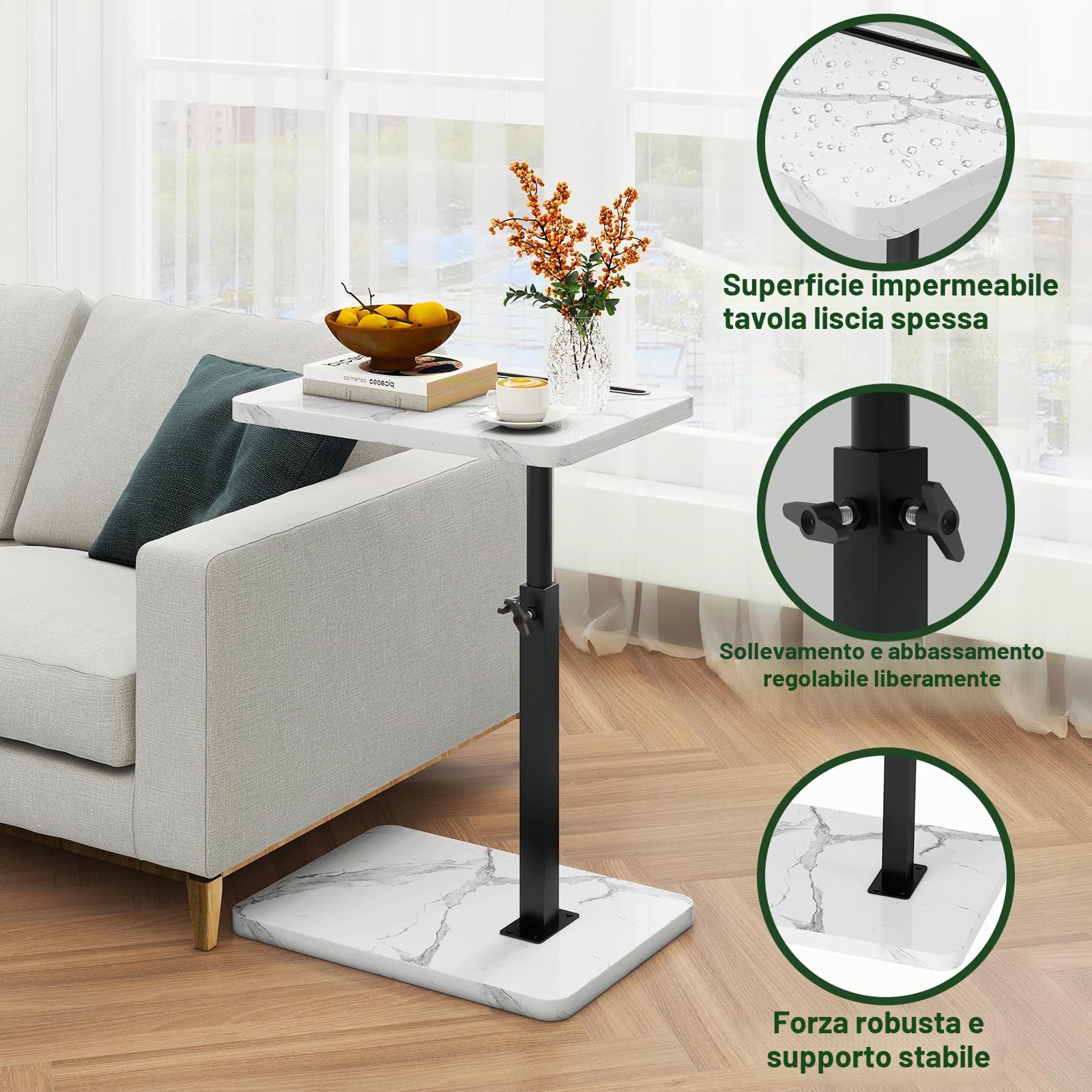 IBUYKE Tavolino a forma di C, girevole a 360°, regolabile in altezza, per stanze strette, con slot per telefono e tablet, per soggiorno, camera da letto, effetto marmo bianco TVT003BW