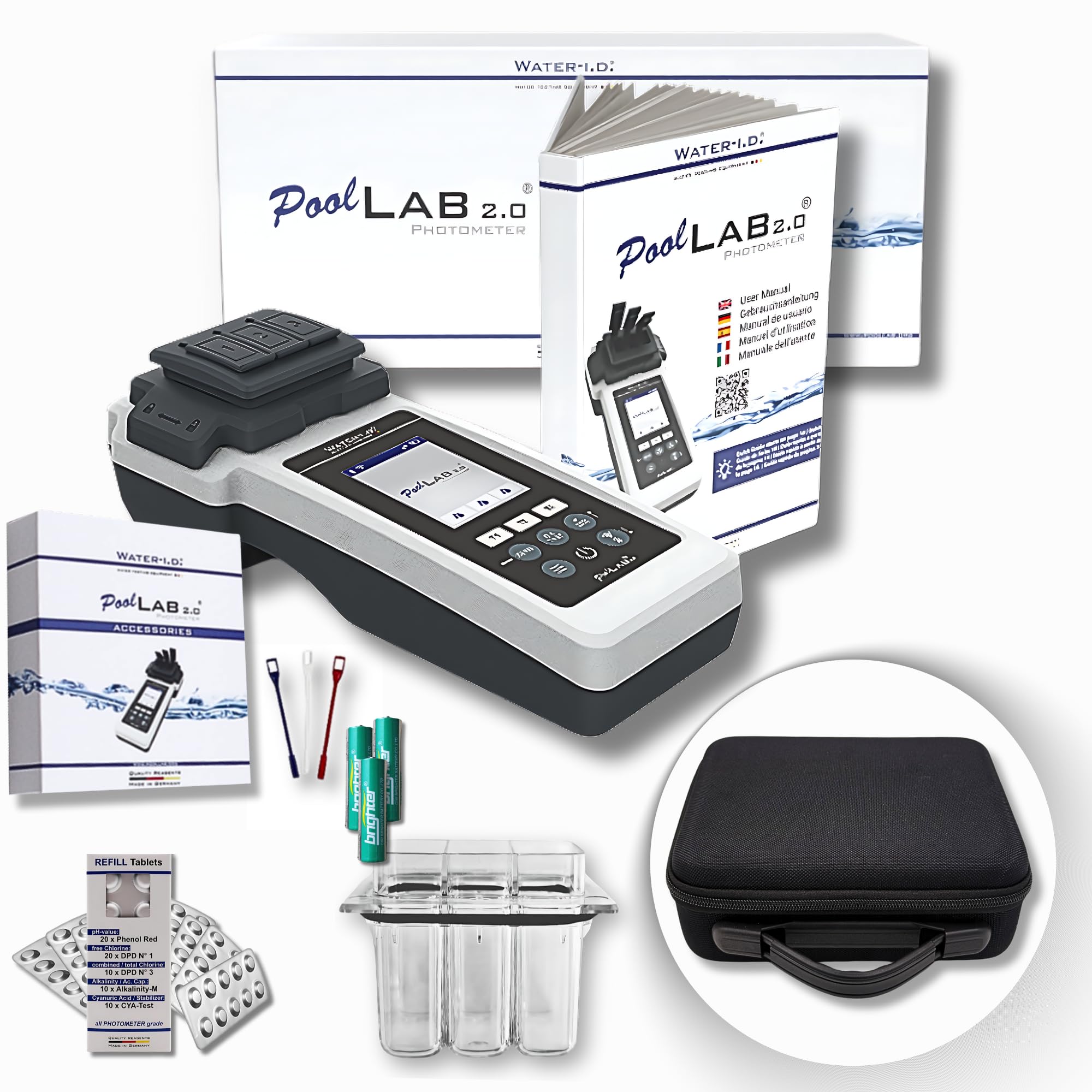 PoolLab 2.0 con 70 pastillas de prueba y funda – Edición especial para MediMuc – 24 parámetros – App – Software – Medición hasta 3 parámetros en una prueba + maletín de almacenamiento vacío
