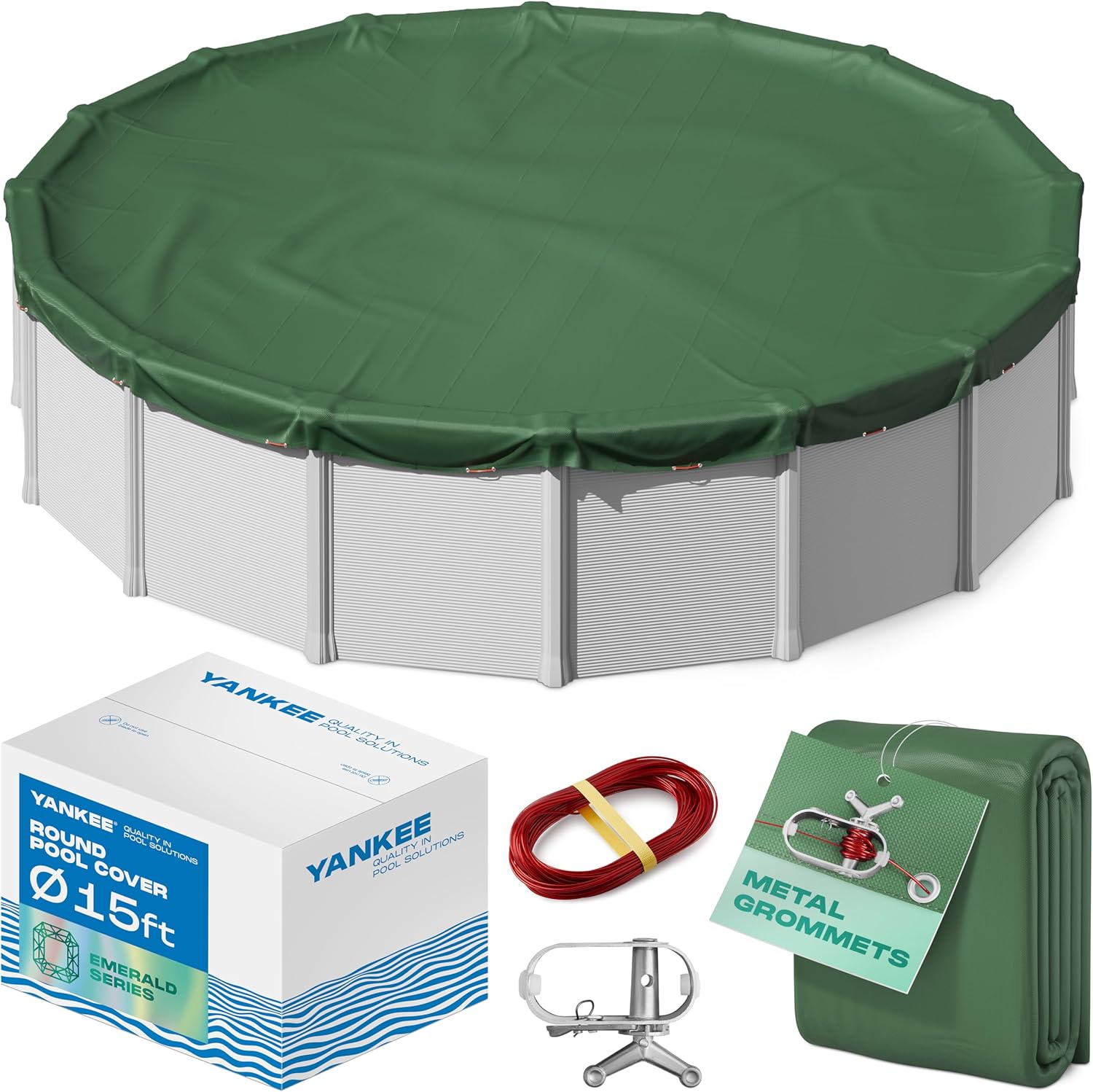 Yankee Emerald Series Pool Covers for Above Ground Pools | Round 18 ft Swimming Pool Cover w/Steel-Core Cable, Winch for Winterization | 9 mil Medium-Thickness for Off-Season, On-Season Protection