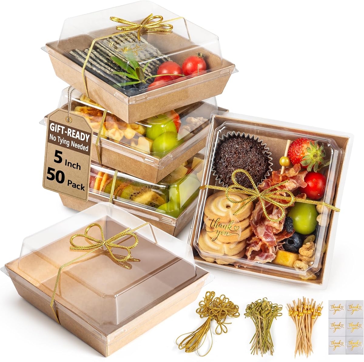 Cajas de charcutería listas para regalo con tapas transparentes, cajas de postre de 5" - 50 unidades | Contenedores de regalo para alimentos con cinta lista para usar y brochetas de bambú, recipiente para rebanadas de pastel, embalaje de panadería, golosinas pequeñas